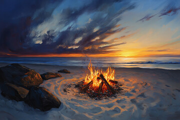 Wall Mural - serene beach bonfire illuminates evening sky, with flames flickering against backdrop of vibrant sunset colors. tranquil atmosphere invites relaxation and reflection