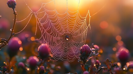 A photograph of a spiderweb covered in morning dew, the delicate strands glistening in the sunlight, showcasing the intricate beauty of nature's creations