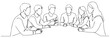 © Nabarun - Six people are seated around a table, talking and sharing ideas in a discussion, line art style. vector illustration