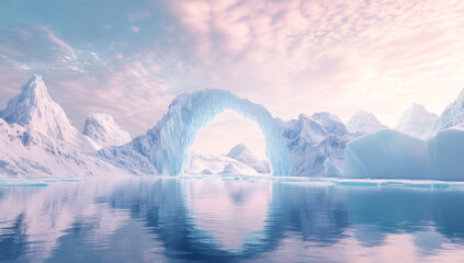 Wall Mural - stunning 3d rendering of arch shaped ice wall surrounded by majestic mountains and serene body of wa