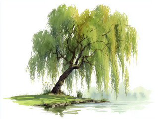 watercolor depiction of a weeping willow by a pond, white background
