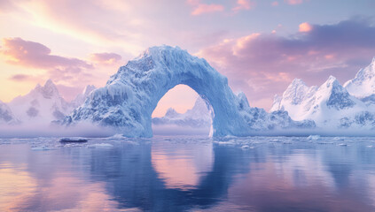Wall Mural - stunning 3d rendering of arch shaped ice wall surrounded by majestic mountains and serene body of wa