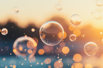 Wall Mural - delicate bubbles float gracefully against soft, warm background, creating serene and dreamy atmosphe