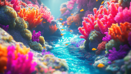 Wall Mural - vibrant coral reef features bright pink and orange coral formations, creating stunning underwater la