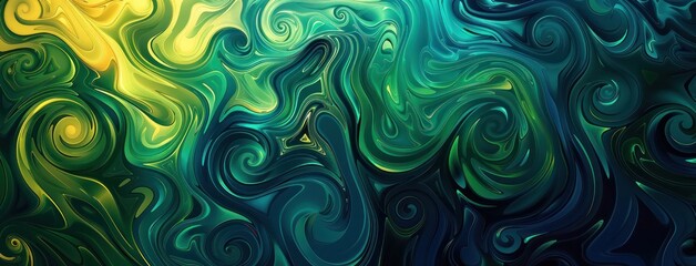 Wall Mural - Green and blue swirls with swirling lines on a green background, swirling patterns in the psychedelic art style with vibrant colors abstract dark background.