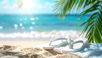 Wall Mural - White flip flops on sandy beach with towels and palm leaves, evoking relaxing summer vibe by ocean. sunlight creates serene atmosphere, perfect for getaway