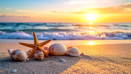Wall Mural - beautiful sunset illuminates sandy beach where seashells and starfish are scattered. gentle waves create serene atmosphere, evoking sense of tranquility and connection to nature