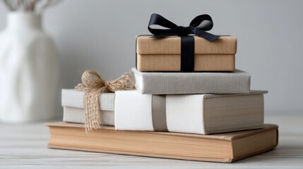 Fototapete - Gift Box Atop a Stack of Books on a Clear Table Corner Enhancing a Cozy Reading Atmosphere