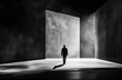© Bambalino Studio - A man walks through a dark room with a large wall in the background. The room is dimly lit, and the man's shadow is cast on the floor. Scene is somber and mysterious