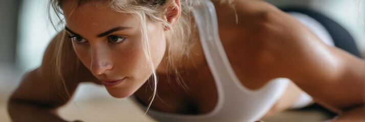 Poster - Woman Engaged in an Intense Plank Exercise, Showcasing Strong Core Tension in a Fitness Studio During Morning Workout