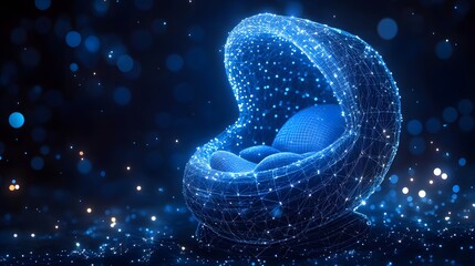 Aufkleber - Futuristic blue wireframe cradle chair design, with glowing cushions and particle effects. High-tech digital aesthetic. Abstract wireframe in dark blue.