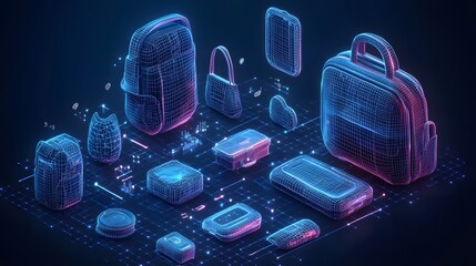 Poster - Futuristic wireframe scene featuring a backpack, handbag, cases, heart, and puck, interconnected on a grid-like surface with neon highlights. Tech-inspired. Abstract wireframe in dark blue