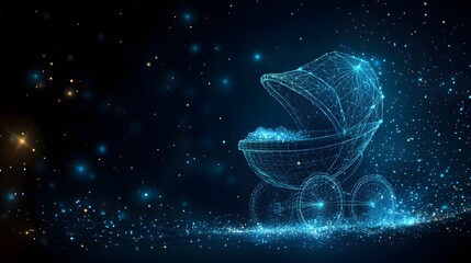 Aufkleber - Futuristic low-poly baby carriage. Digital design with glowing blue spheres and particles. A magical, celestial feel. Ideal for technology, birth concepts. Abstract wireframe in dark blue