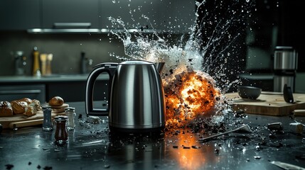 Poster - Explosive kitchen incident electric kettle erupts modern home photography dramatic lighting close-up view action story