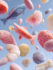 Poster - Floating Seafood Shapes With Geometric Designs Create a Surreal Underwater Atmosphere Against a Soft Blue Background