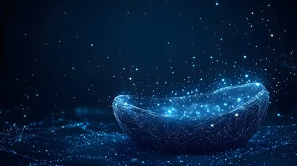 Fototapete - Futuristic digital rendering showcasing a glowing bowl-like structure on a network surface. Luminous dots create a star-like background, enhancing the techy feel. Abstract wireframe in dark blue.