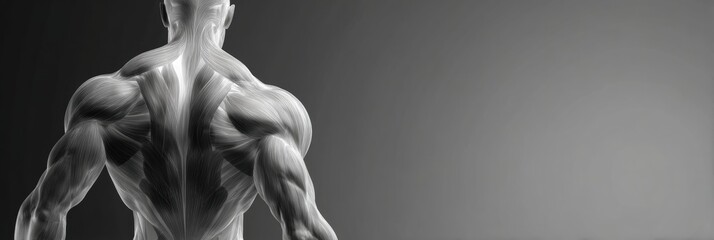 Poster - Detailed Muscle Diagram Illustrating Human Anatomy Against a Grayscale Background With a Center Fade Effect Showcasing Muscular Structure and Form