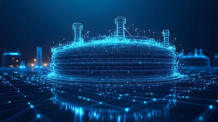 Poster - Futuristic industrial complex with glowing blue wireframe design. Digital representation of a storage tank and connected network infrastructure. Abstract wireframe in dark blue.