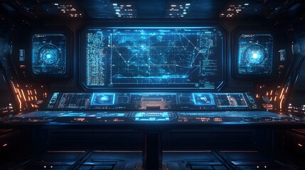 Leinwandbilder - Futuristic cockpit interior featuring large screens displaying complex data visualizations. Control consoles and geometric shapes create a high-tech aesthetic Abstract wireframe in dark blue.