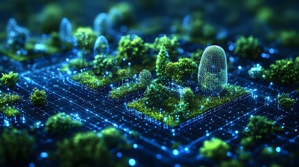 Fototapete - Futuristic landscape showcasing interconnected green islands via a glowing blue grid. Stylized capsules add intrigue to this serene yet high-tech scene. Abstract wireframe in dark blue.