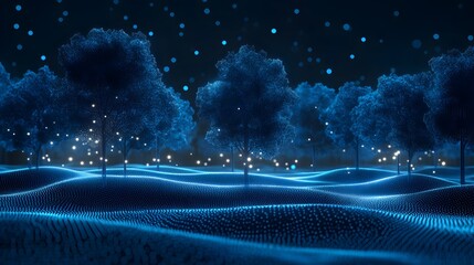 Poster - Experience a mesmerizing, digital forest at night, rendered in glowing blue dots. Rolling hills lead to luminous trees beneath a starlit sky. Abstract wireframe in dark blue.