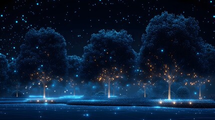 Poster - Dreamlike night landscape featuring illuminated blue trees with golden orbs and a glowing grid. Enchanting, ethereal, and otherworldly beauty, abstract wireframe in dark blue.