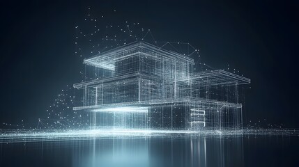 Fototapete - Futuristic multi-story building wireframe on dark blue gradient, reflecting on glossy surface. Network of connected dots suggests digital connectivity. Abstract wireframe in dark blue