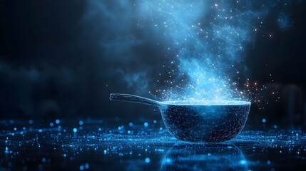 Fototapete - Futuristic skillet emits digital steam against a moody, nebular backdrop. High-tech cooking meets ethereal artistry. Perfect for tech and food blogs. Abstract wireframe in dark blue.
