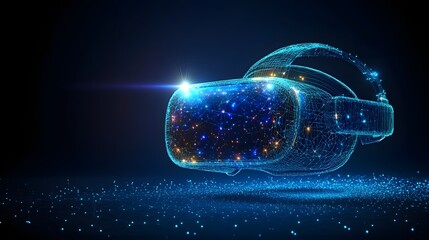 Poster - Futuristic VR headset with a glowing wireframe and starfield display. Digital dots create a technological landscape. Captivating visual of virtual reality. Abstract wireframe in dark blue
