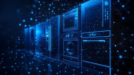 Poster - Futuristic smart home appliances glow with digital wireframes against a networked dark background, symbolizing seamless connectivity and modern living. Abstract wireframe in dark blue.