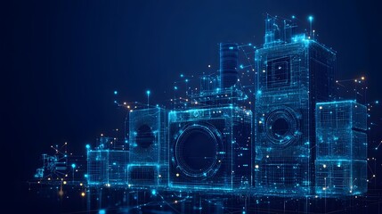 Poster - Futuristic blue wireframe appliances, interconnected in a smart home network. Data flows between devices, highlighting the Internet of Things. Abstract wireframe in dark blue