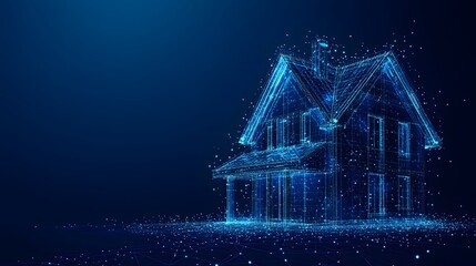 Fototapete - Futuristic two-story house depicted as a glowing wireframe on a dark blue background. A technological marvel with floating particles. Abstract wireframe in dark blue