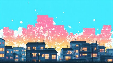 Fototapete - Pastel Cityscape Dreamlike Sunset Over Suburban Houses