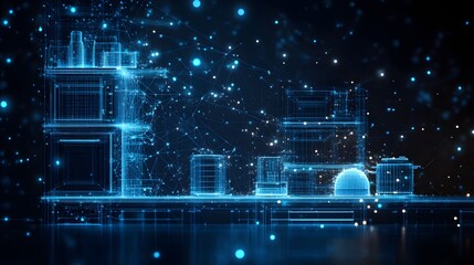 Leinwandbilder - Futuristic abstract scene with glowing blue wireframes. Digital blueprint of architectural forms connecting in a network. High-tech design suggests VR, data structures. Abstract wireframe in dark blue
