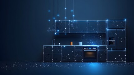 Aufkleber - Modern wireframe kitchen illustration, showcasing sleek blue appliances and futuristic design. Ideal for tech and interior design themes, Abstract wireframe in dark blue.