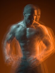 Aufkleber - Dynamic Muscles in Motion With a Double Exposure Effect and a Central Glow at an Indoor Gym During a Fitness Session
