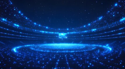Aufkleber - Futuristic stadium awash in blue light.Tiered seating curves gracefully around a glowing central arena. A digital display illuminates the night sky.Abstract wireframe in dark blue