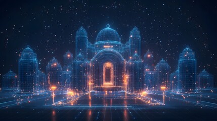 Poster - Futuristic city skyline at night, dominated by a glowing domed structure and skyscrapers. High-tech, holographic effect with a starry background. Abstract wireframe in dark blue.