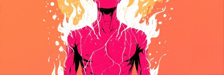 Poster - Bold Illustration of a Muscular Figure Surrounded by Flames With a Striking White Frame Showcasing Strength and Energy in Vibrant Colors