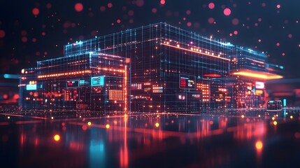 Poster - Futuristic cityscape glows with neon lights. Reflective surfaces enhance the depth. The blue grid building pulsates with red and orange, creating a digital feel. Abstract wireframe in dark blue.