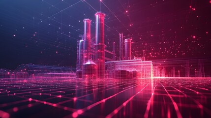Poster - Futuristic industrial complex wireframe design. Pink and blue hues define the digital blueprint of connected structures, silos, and a glowing grid ground. Abstract wireframe in dark blue