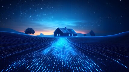 Poster - Futuristic blue landscape featuring a silhouetted house under a starry sky. Digital field leads to the dwelling, evoking a dreamlike scene. Abstract wireframe in dark blue.