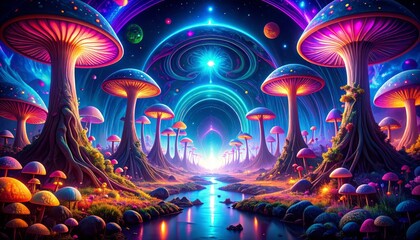 Wall Mural - Dreamy psychedelic mushroom landscape with glowing planets and cosmic arches fantasy art