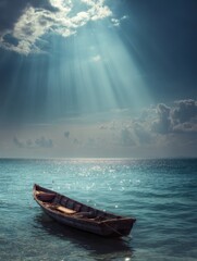 Poster - Fishing Boat Rests Peacefully in Calm Sea Under Sunbeams at Dusk With a Serene Sky Above