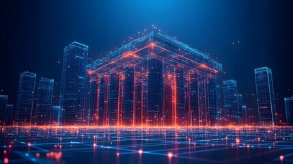 Aufkleber - Futuristic wireframe cityscape featuring a central platform supported by glowing pillars. A complex digital network visualizes a smart city. Abstract wireframe in dark blue.