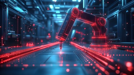 Poster - Futuristic factory scene showcasing a wireframe robotic arm with glowing red accents over a metallic grid. Industrial background with blurred machinery and red lights. Abstract wireframe in dark blue.