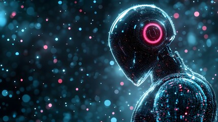 Aufkleber - Futuristic robot composed of glowing blue and red dots forms a humanoid figure, enhanced by pink light. Bokeh lights add depth, creating a captivating, modern design. Abstract wireframe in dark blue