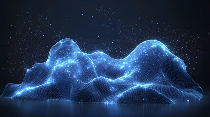 Poster - A captivating blue wireframe landscape evokes digital artistry. Glowing points accent the mountainous terrain beneath a sparkling sky. Abstract wireframe in dark blue