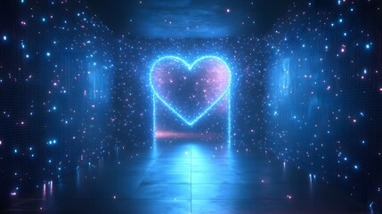 Fototapete - A glowing neon heart anchors this ethereal room, filled with vibrant blue particles. Reflective surfaces enhance the futuristic ambiance. Abstract wireframe in dark blue.