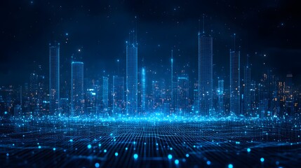 Fototapete - Futuristic cityscape with glowing blue skyscrapers against a star-studded sky. Digital grid foreground with luminous orbs create a high-tech, dreamlike metropolis. Abstract wireframe in dark blue